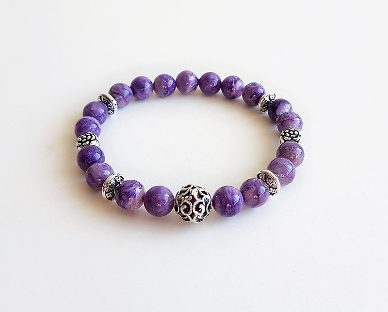 宝石 .紫色のベルベット天然鉱石紫龍の結晶925純銀製のブレスレット - ブレスレット - 宝石 パープル