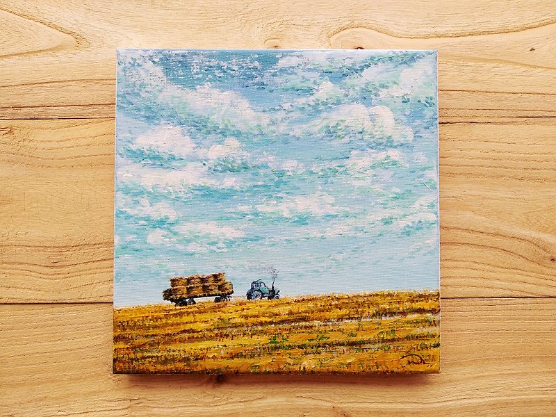 【Hay Field】Original Acrylic Painting. Farm Harvest Countryside Landscape. - โปสเตอร์ - ผ้าฝ้าย/ผ้าลินิน 