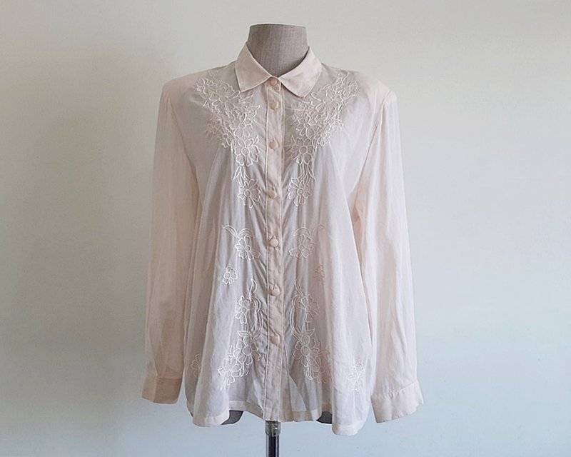 Large Vintage Pink Floral Embroidered Shirt Womens Long Sleeve Cotton Blouse L - 女上衣/長袖上衣 - 棉．麻 粉紅色