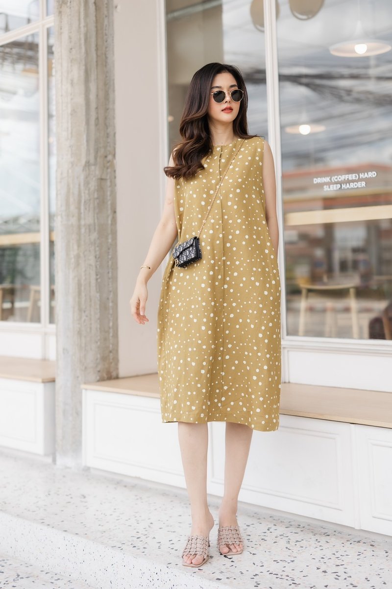 POLKA DOT SLEEVELESS LINEN DRESS - 洋裝/連身裙 - 亞麻 黃色