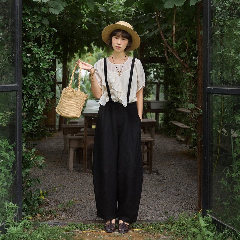 黑色亞麻背帶褲|褲子|夏款|Sora-1848 - 吊帶褲/連身褲 - 其他人造纖維 黑色