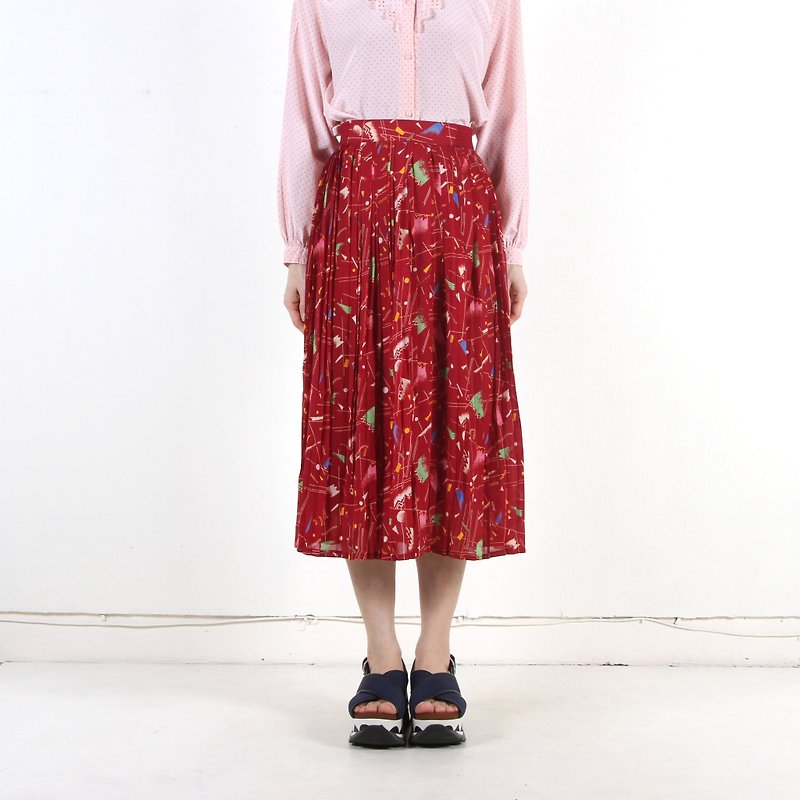 [Egg Plant Vintage] Pleasant geometric print vintage pleated skirt - Skirts - Polyester Red