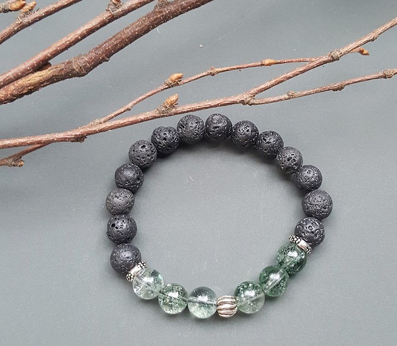 <Guardian Energy Series- Stone of Righteous Wealth> Green Ghost x Volcanic Rock 925 Sterling Silver Bracelet Customized - Bracelets - Crystal Green