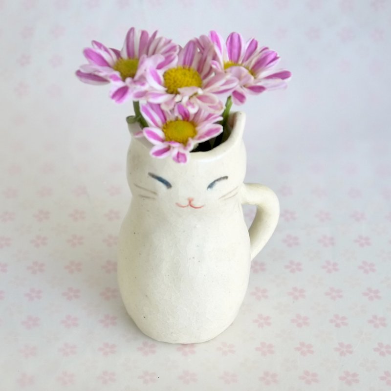 猫のミニ一輪刺し - 観葉植物 - 陶器 ホワイト