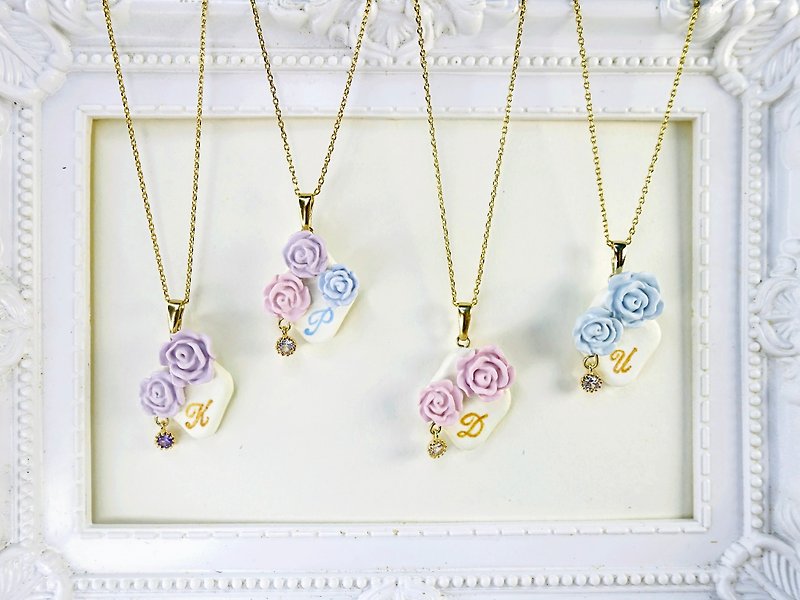 Romantic rose hand-painted letter necklace mint blue white Stone bridesmaid gift - สร้อยคอ - ดินเหนียว สีน้ำเงิน