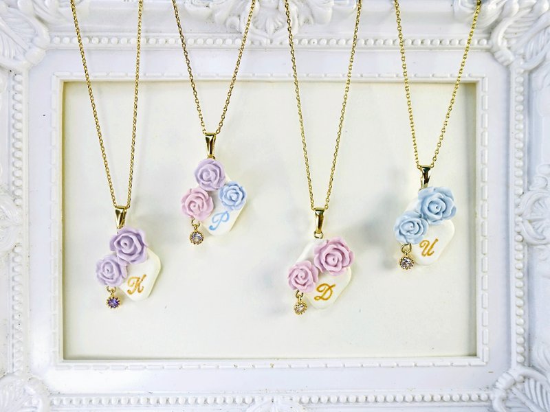 Romantic rose hand-painted letter necklace mint blue white Stone bridesmaid gift - สร้อยคอ - ดินเหนียว สีน้ำเงิน