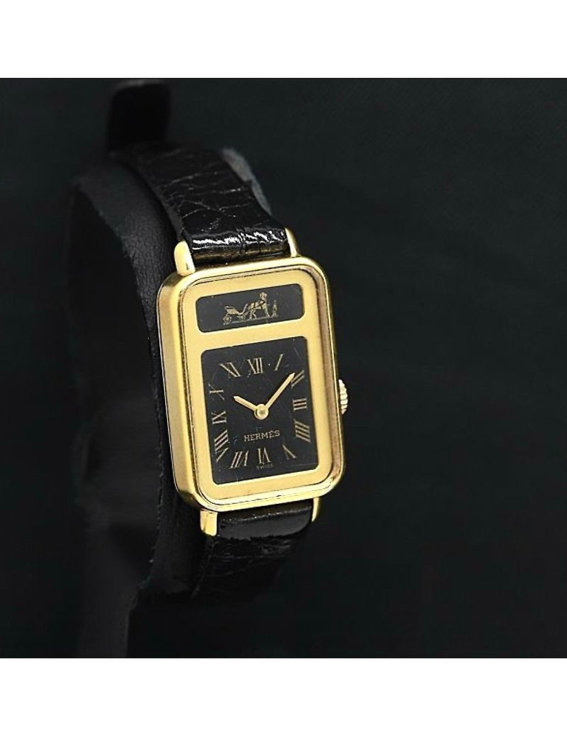 【LA LUNE】Vintage Hermes Sellier Vintage Leather Strap Lady Quartz Wristwatch - นาฬิกาผู้หญิง - หนังแท้ สีดำ