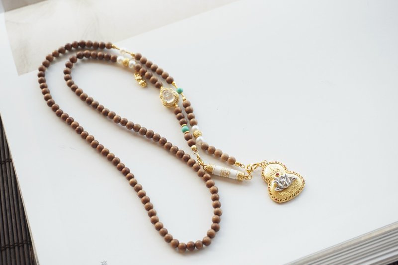 天然邁索爾老山檀項鏈搭配珍珠綠松石925銀蓮花葫蘆吊墜 平安喜樂 - 項鍊 - 玉石 
