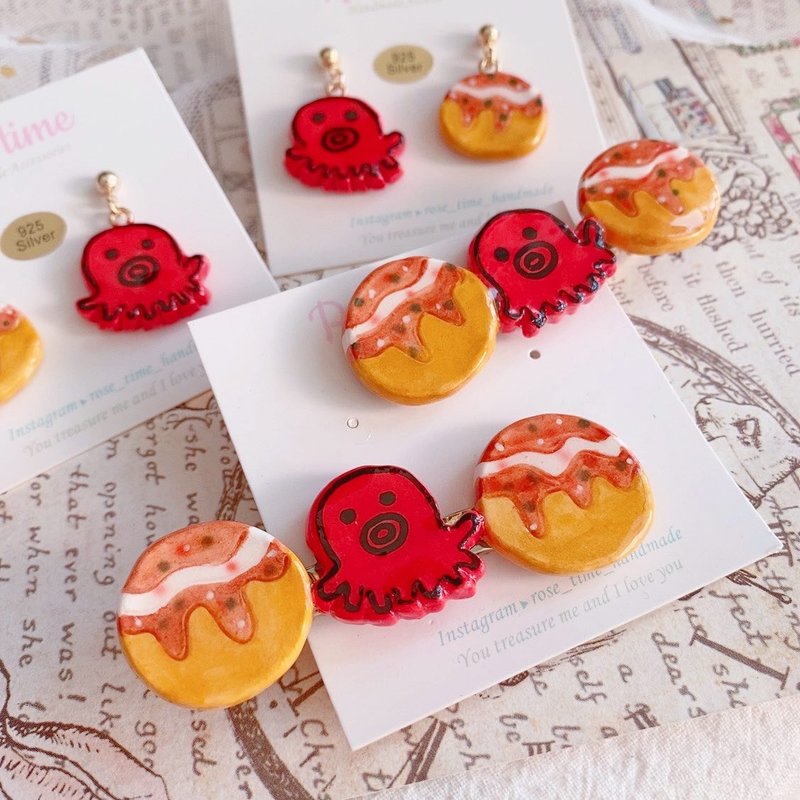 Hand-painted Japanese Takoyaki | Octopus Balls Hair Clip - เครื่องประดับผม - ดินเหนียว สีแดง