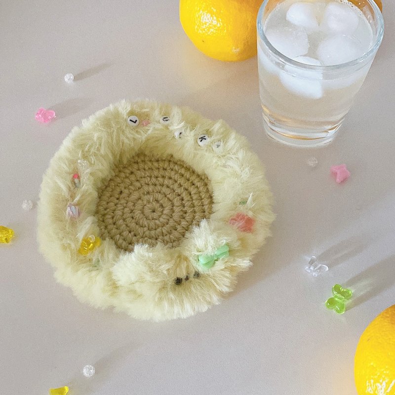 cat crochet yarn knitting fur Accessory tray coaster - 杯墊 - 聚酯纖維 黃色