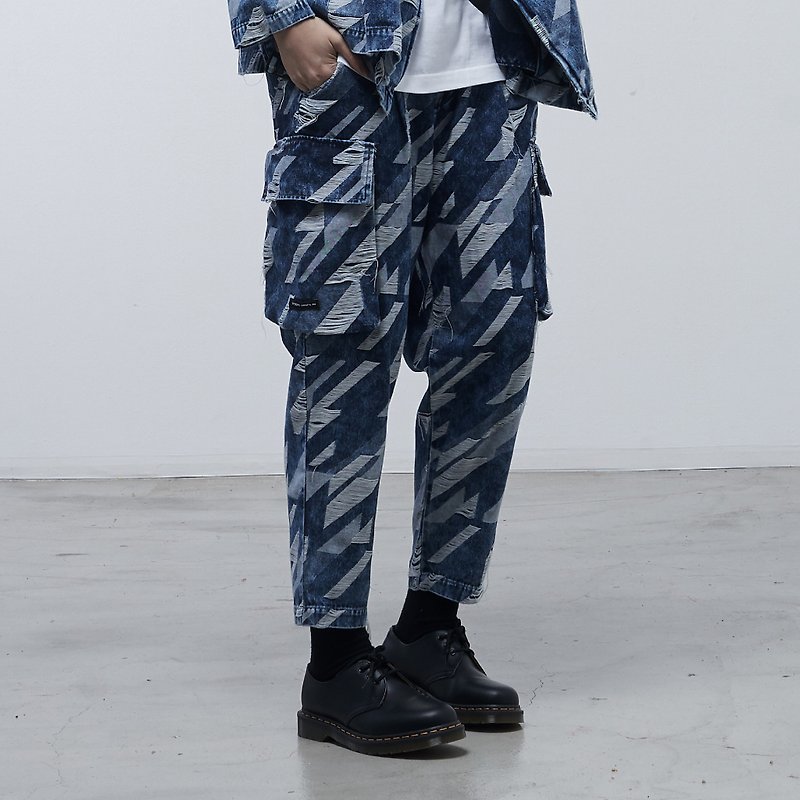 DYCTEAM - Twill Pattern Pants - กางเกงขายาว - ผ้าฝ้าย/ผ้าลินิน สีน้ำเงิน