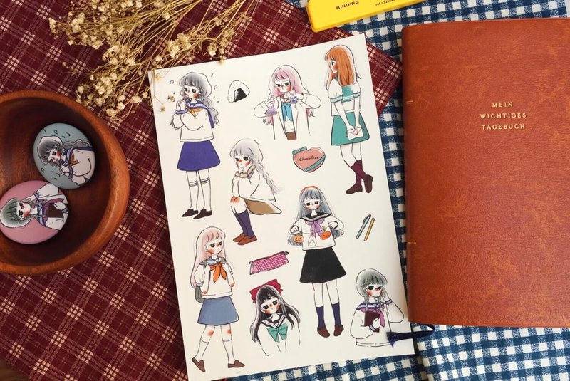 銅版貼紙 水手服少女 - 貼紙 - 紙 
