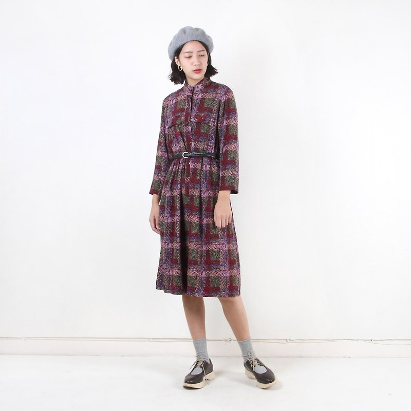 [Egg plant vintage] Hanada Story printing vintage dress - One Piece Dresses - Polyester Multicolor