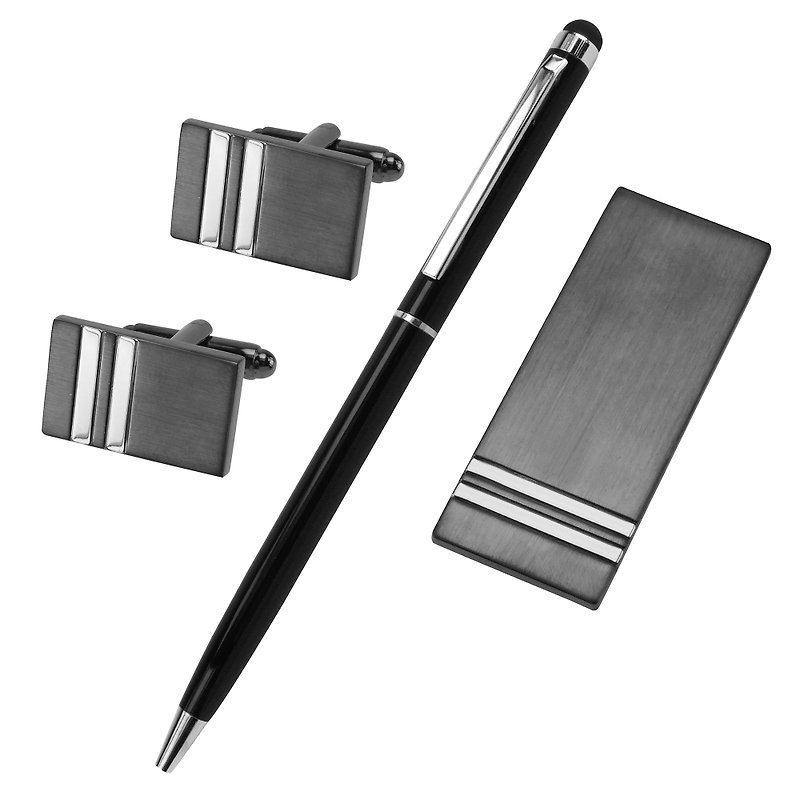 Brushed Gunmetal and Silver Stripes Cufflinks Money Clip and Pen Set - กระดุมข้อมือ - โลหะ สีดำ