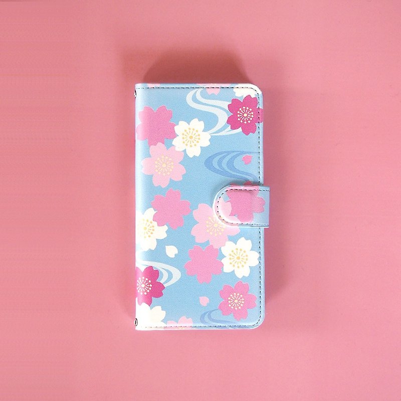 Notebook type phone case - Japanese Cherry Blossoms and Water Flow - - Phone Cases - Faux Leather Multicolor