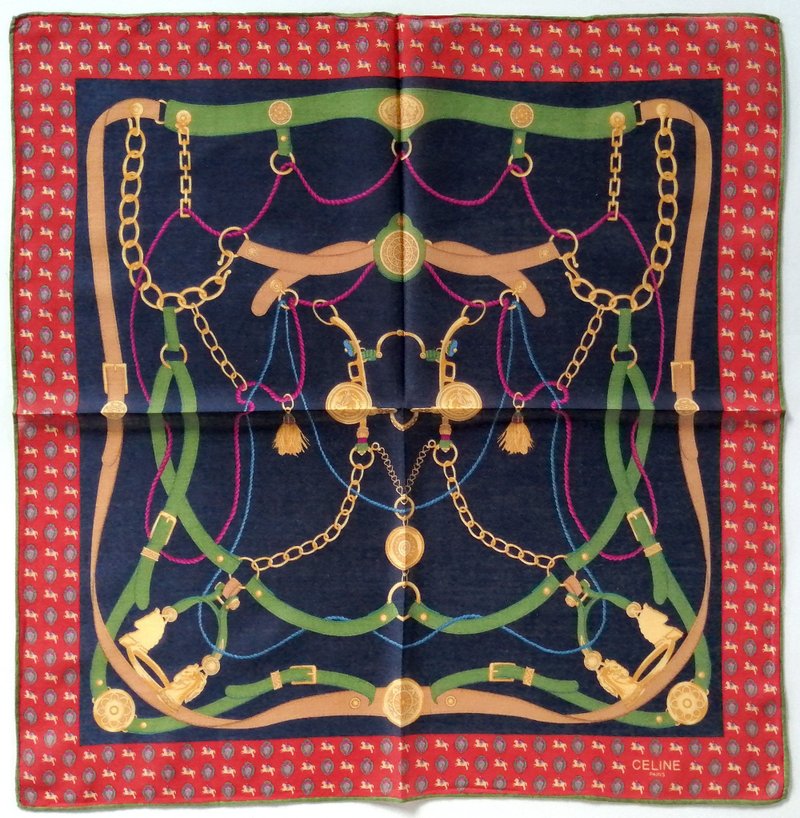 Celine Paris Vintage Handkerchief Horse Accessories 19 x 18.5 inches - 手帕 - 棉．麻 藍色