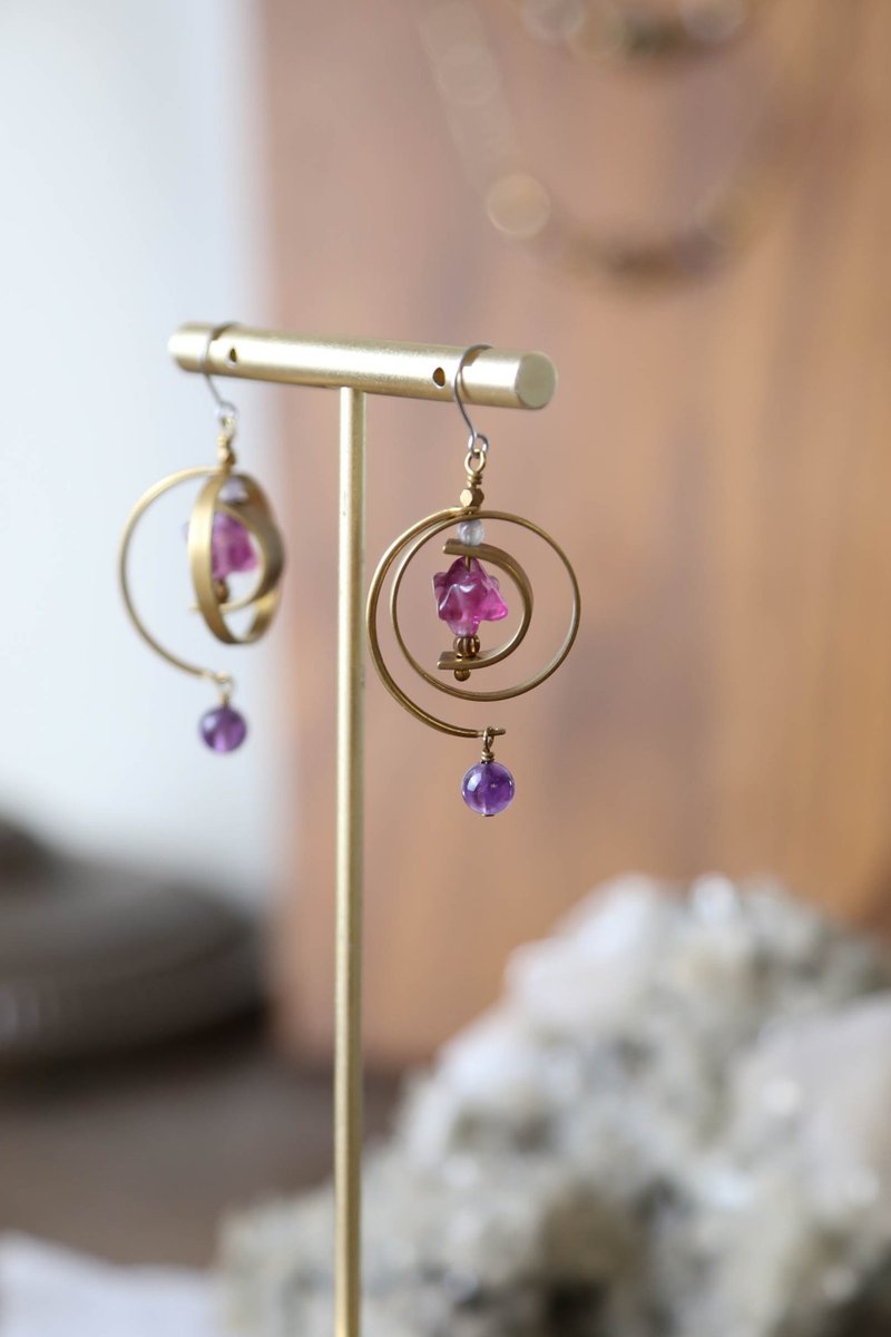 Star Rail - Natural mineral Stone Bronze earrings (five-color changeable clip-on earrings) - Earrings & Clip-ons - Crystal Purple