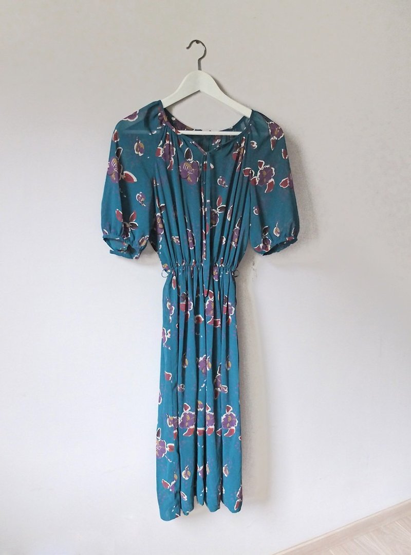 Peacock blue Japanese print vintage dress - One Piece Dresses - Other Materials 