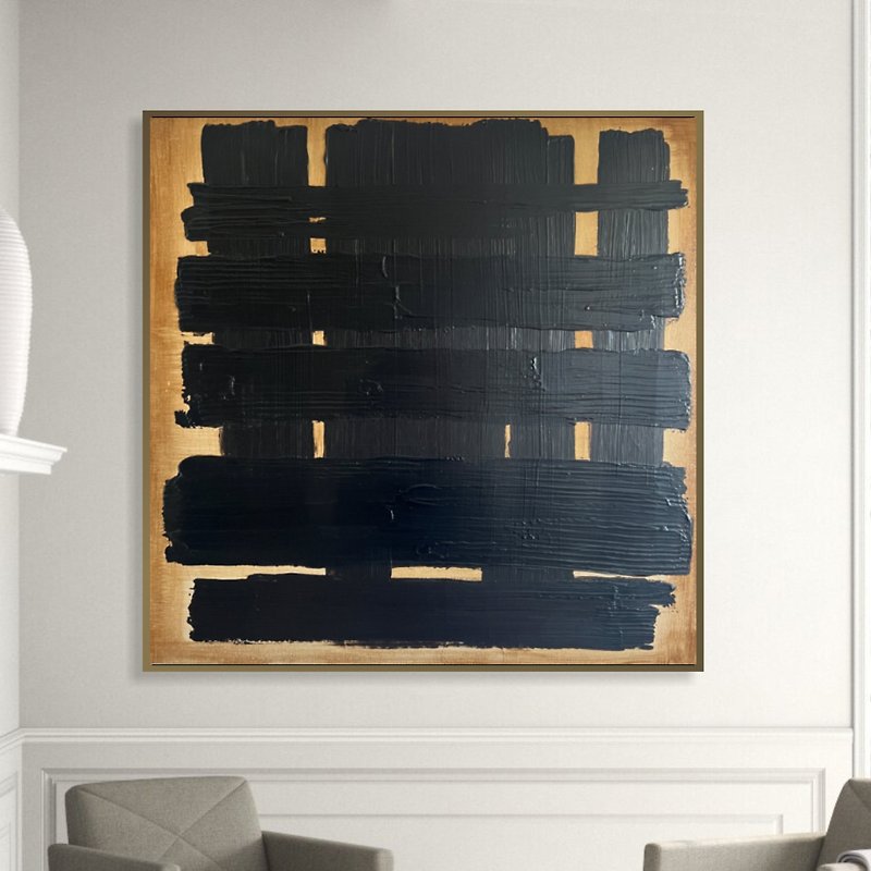 Abstract Black Grid Acrylic Painting Modern Original Wall Art Black and Gold Art - ตกแต่งผนัง - อะคริลิค สีดำ