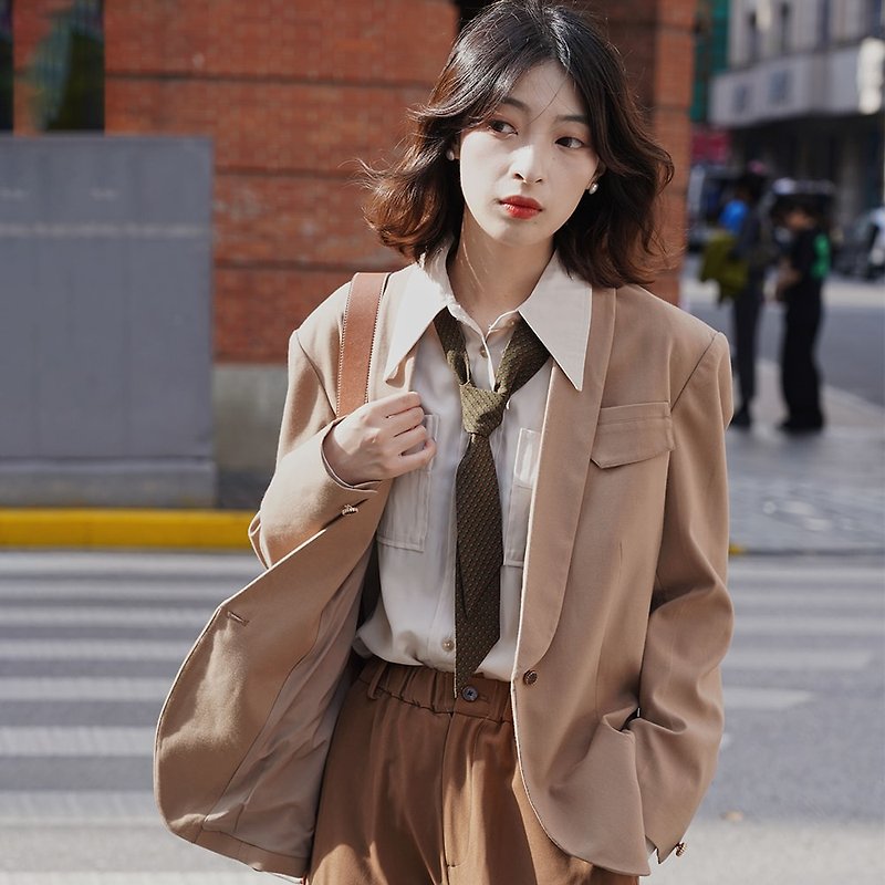 Camel Green Fruit Collar Casual Blazer|Jacket|Autumn Style|Japanese Fabric|Sora-592 - Women's Blazers & Trench Coats - Other Man-Made Fibers 
