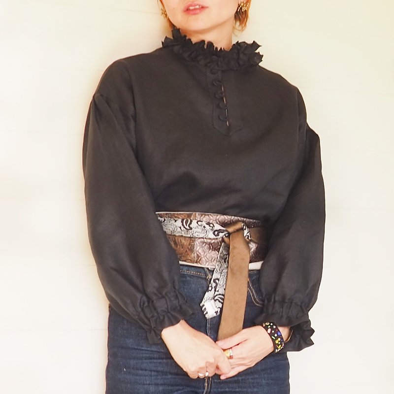 Black ruffled high neck Linen blouse - เสื้อเชิ้ตผู้หญิง - ผ้าฝ้าย/ผ้าลินิน 