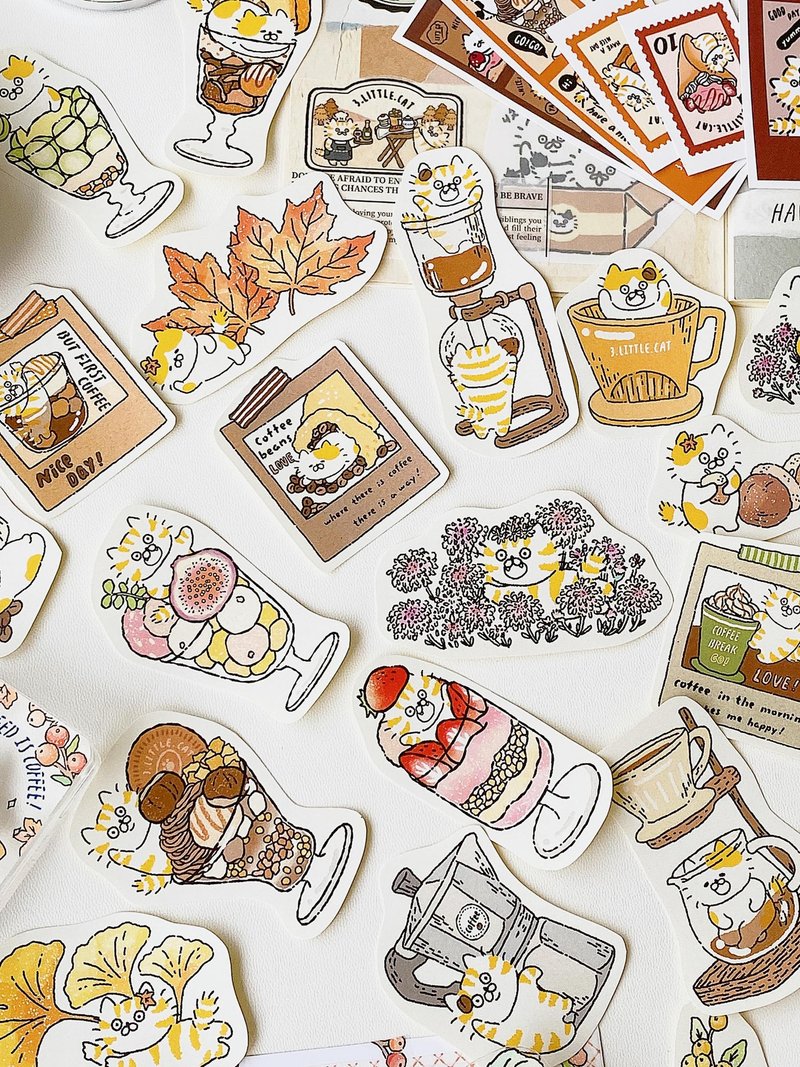 3 Little Cat Autumn Flower Coffee Polaroid Sticker Pack/Handbook Sticker/5 types in total - Stickers - Paper Multicolor