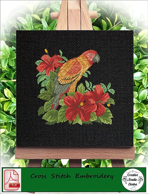 CreativeStudioElenka Vintage Cross Stitch Scheme Macaw and hibiscus - PDF Embroidery Scheme