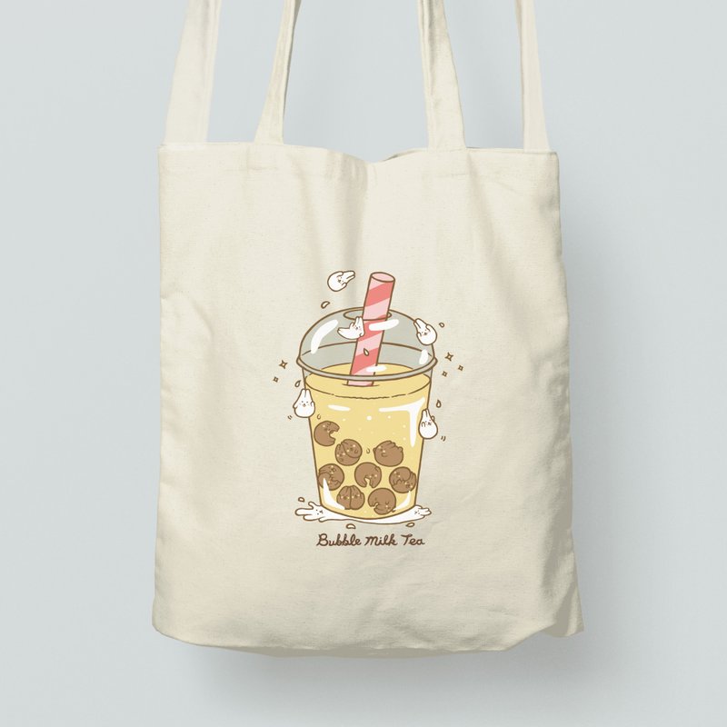 Eco-friendly 3Ways zipper canvas bag-Mochi Rabbit Pearl Milk Tea (off-white) - กระเป๋าแมสเซนเจอร์ - ผ้าฝ้าย/ผ้าลินิน ขาว