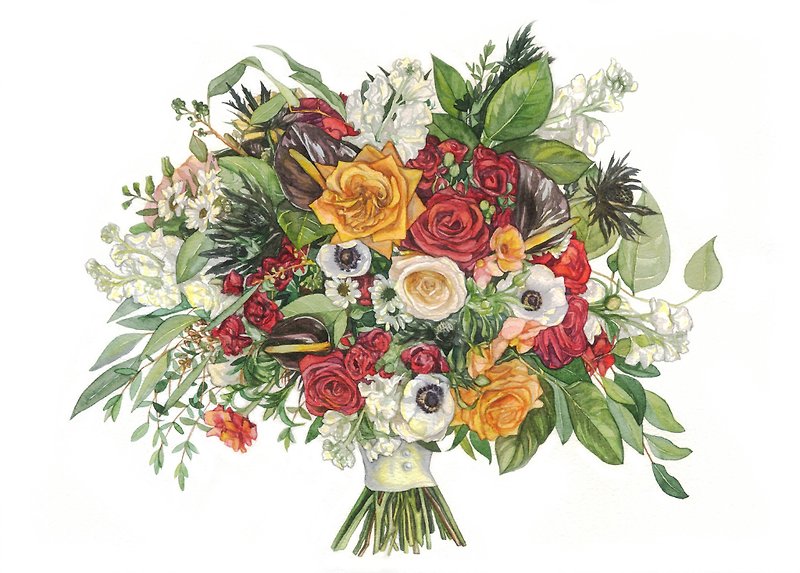 ORIGINAL Custom Wedding Bouquet Painting in Watercolor Bridal flowers portrait