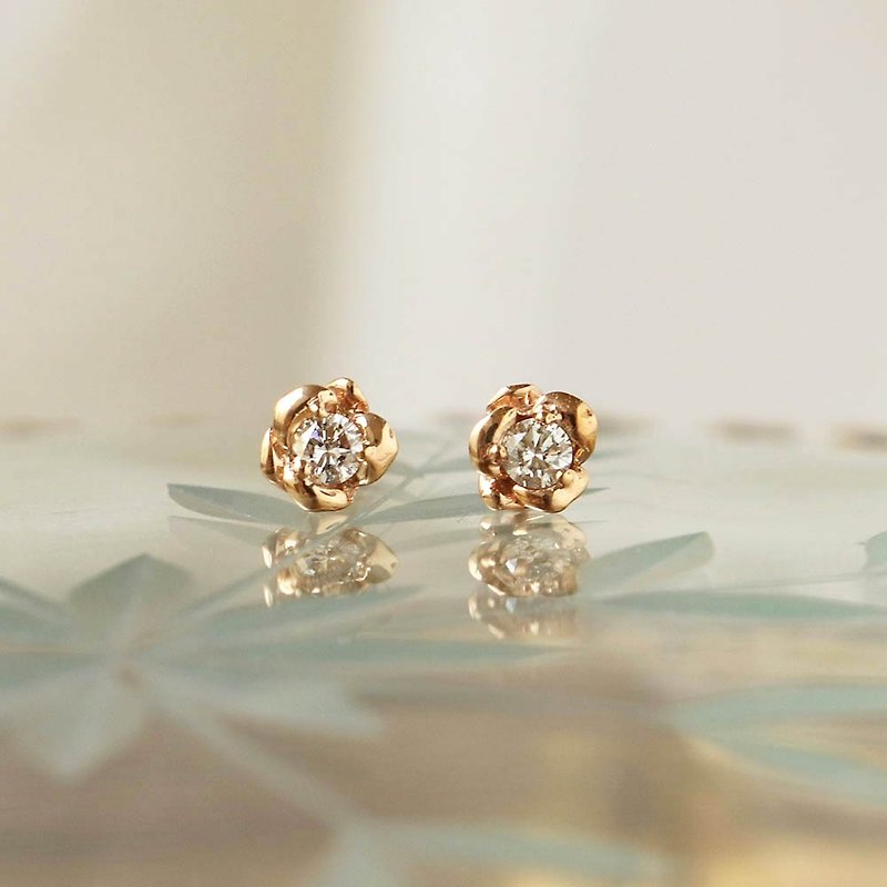 Visel rose single diamond earrings - ต่างหู - เครื่องประดับ สีทอง