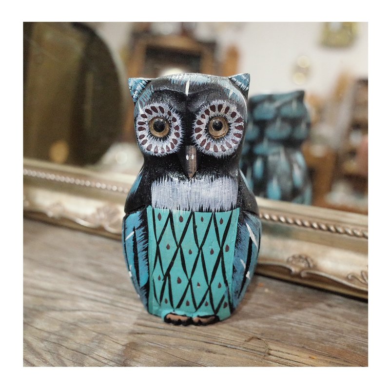 日本老件.手工雕刻貓頭鷹擺件.木雕.輕木藝術品.藍色貓頭鷹 - 擺飾/家飾品 - 木頭 