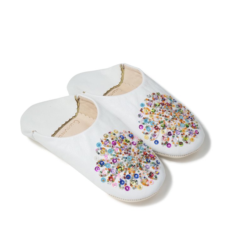 White / mix / moroccan Leather babouche Slippers / High quality odourless - รองเท้าแตะในบ้าน - หนังแท้ ขาว
