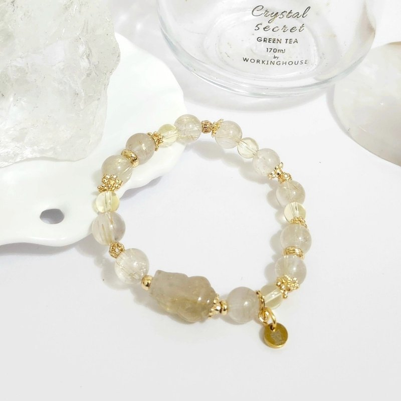 鈦晶貔貅設計手鍊/平衡情緒、正偏財都招之搭配水晶 - 手鍊/手環 - 水晶 金色