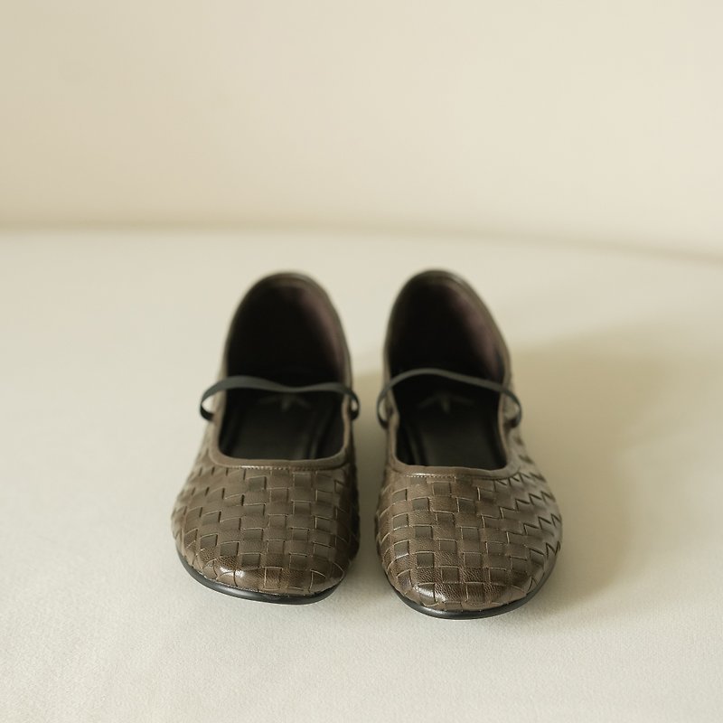 羊皮編織-細帶平底娃娃鞋-鐵灰色 - 芭蕾舞鞋/平底鞋 - 真皮 灰色