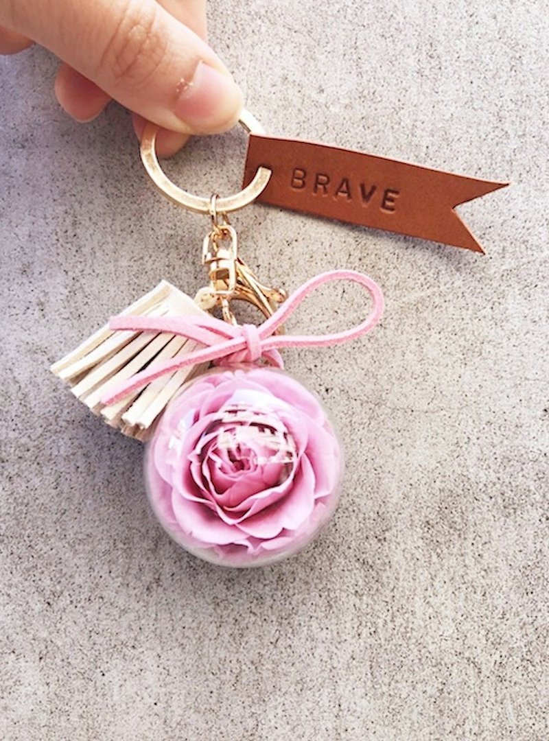 不凋玫瑰鑰匙圈  日本紫玫瑰   吊飾  免費刻字 - 鑰匙圈/鎖匙扣 - 真皮 粉紅色