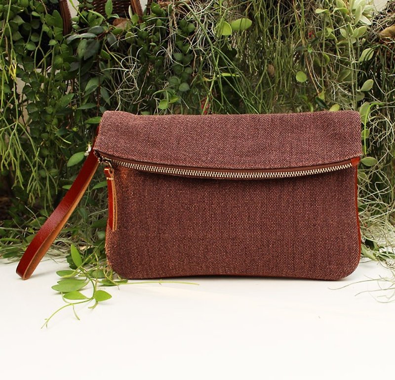 Canvas Clutch with Cow Leather Strap&Hem - Red Brown Color + Tan Cow Leather Strap / Cotton Bag / Canvas Bag / Clutch / Wallet - Other - Cotton & Hemp 