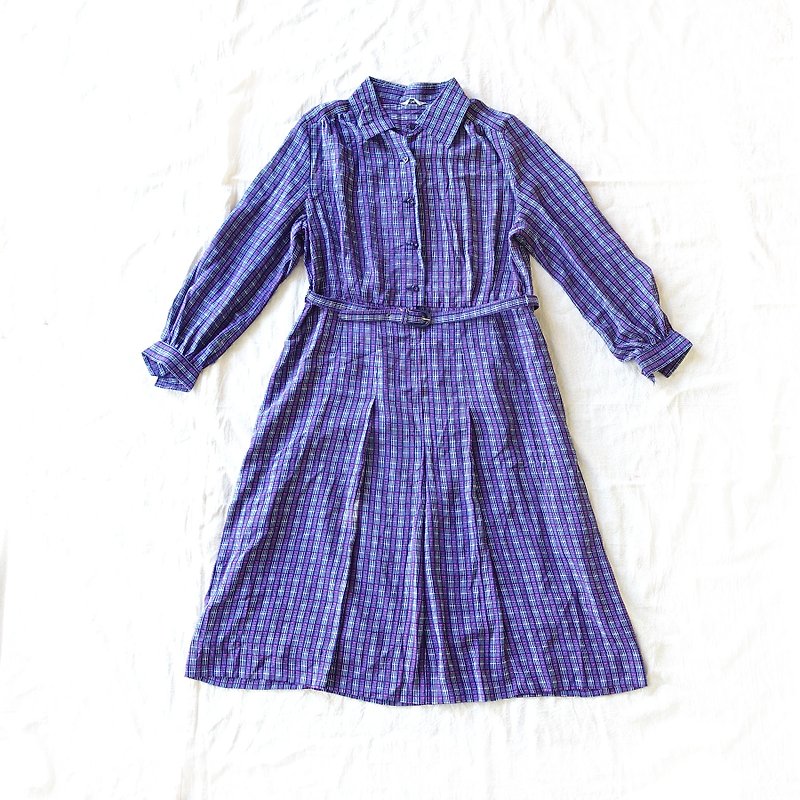 BajuTua / vintage / pink and white plaid dark blue chiffon dress - One Piece Dresses - Polyester Blue