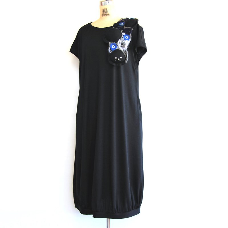 Puff Puff and Mysterious Animal One Piece (Blue) - One Piece Dresses - Cotton & Hemp Black