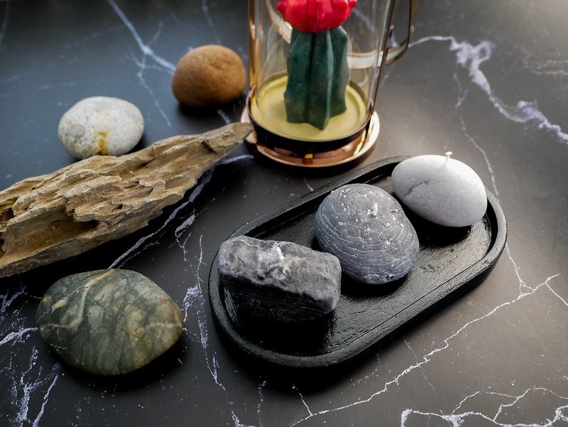 Set of 3 stone candles (random shape) with cement tray - 香氛蠟燭/燭台 - 蠟 灰色