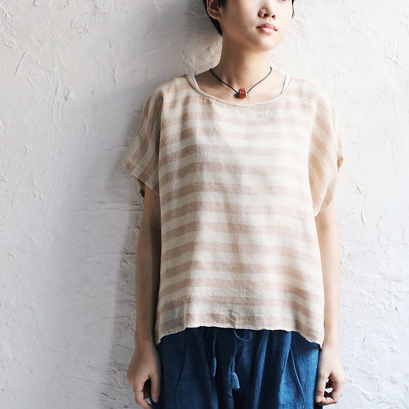 Omake striped hemp short-sleeved shirt (powder) - Women's Tops - Cotton & Hemp Pink