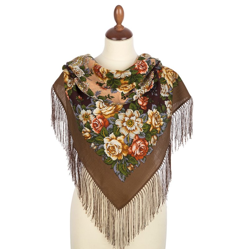 Authentic Pavlovo Posad Russian Shawl Scarf Soft 100% Wool 89x89 cm 1825-16 - Scarves - Wool Brown