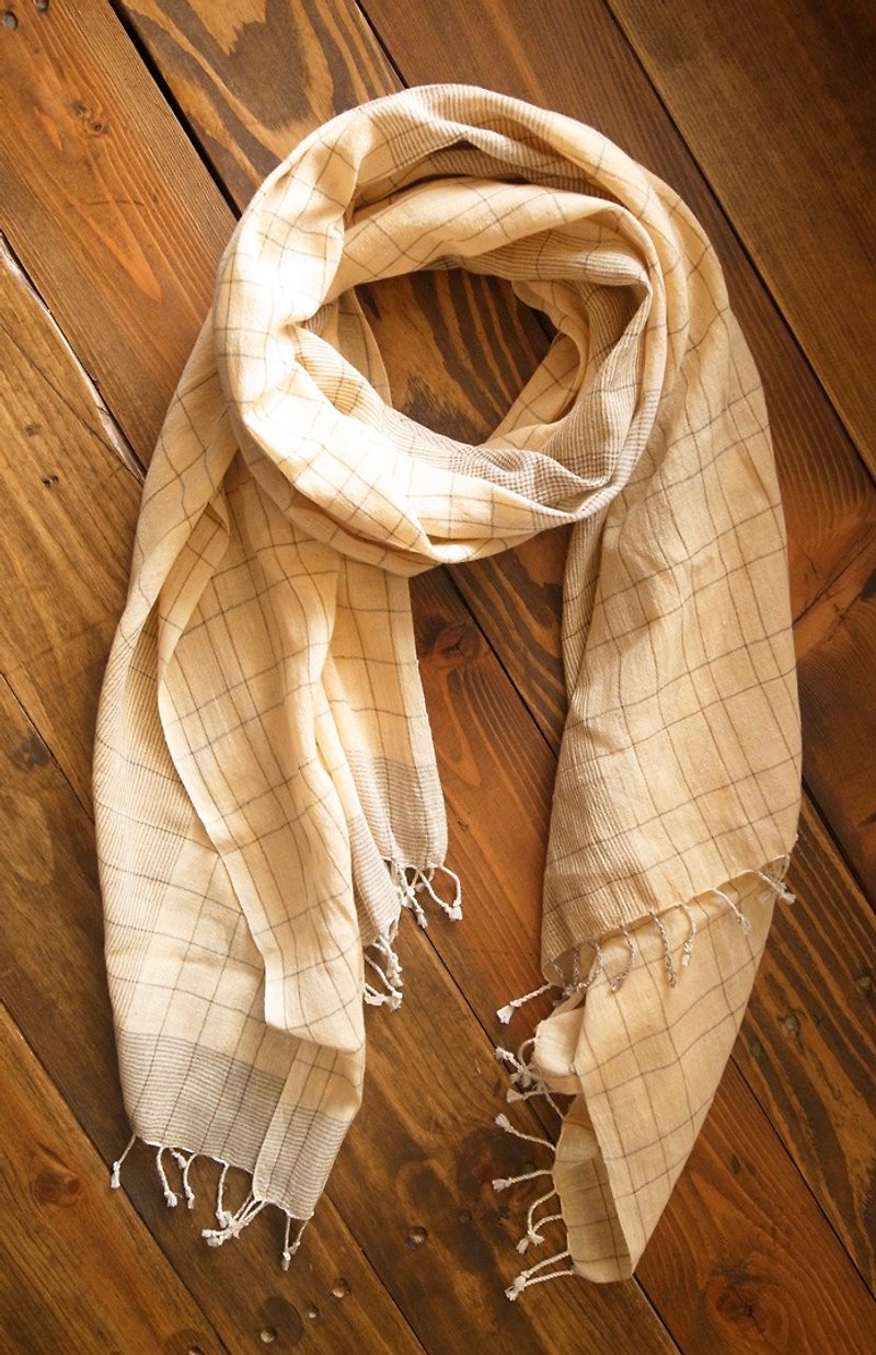 公平貿易 手織 有機棉 植物染 披肩 圍巾 格紋_淡橘黃+淺褐線條 - 圍巾/披肩 - 棉．麻 橘色
