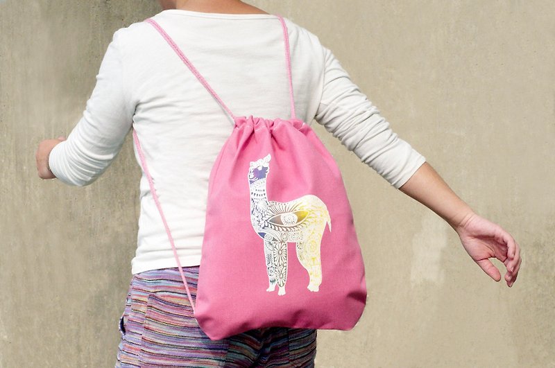Summer hand feel ethnic style backpack / shoulder bag / light bag / beam bag-alpaca mud horse (pink) - กระเป๋าหูรูด - ผ้าฝ้าย/ผ้าลินิน สึชมพู