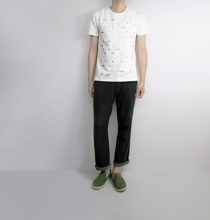 I. AのNデザインの日。月。スター。山。川の男性半袖オーガニックコットンオーガニックコットンS / M / L - Tシャツ メンズ - その他の素材 ホワイト