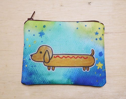 毛球工坊 {可客製化手寫名字}手繪渲染水彩風格圖案 黃色 奶油色 臘腸狗 鑰匙包 零錢包 卡片包