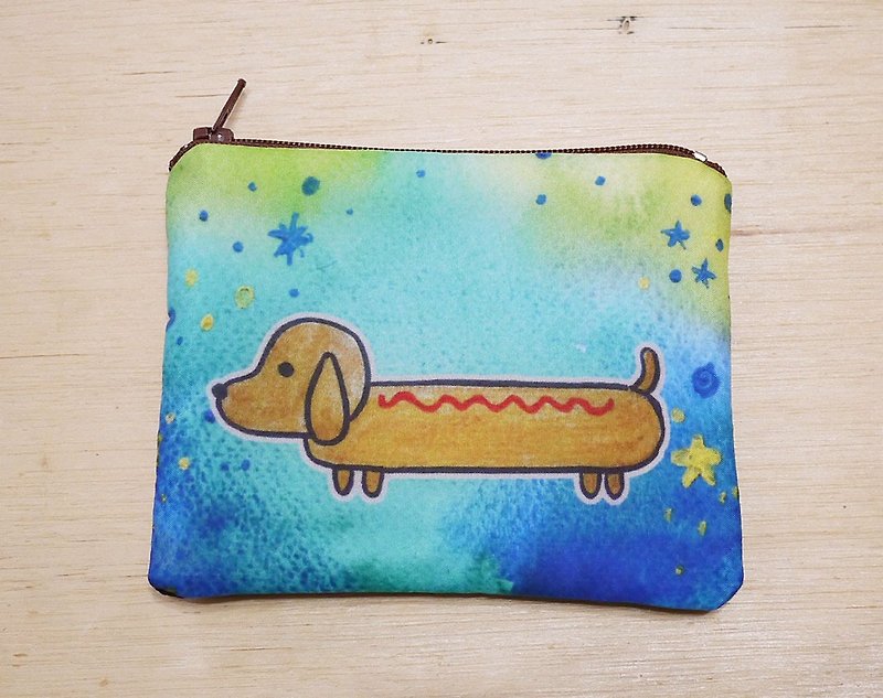 {可客製化手寫名字}手繪渲染水彩風格圖案 黃色 奶油色 臘腸狗 鑰匙包 零錢包 卡片包 - 零錢包/小錢包 - 其他材質 多色
