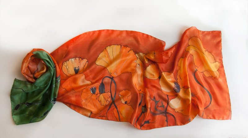 Orange Poppies scarf painted/ Bright tangerine scarf/ Handpainted silk/ - ผ้าพันคอ - ผ้าไหม สีส้ม