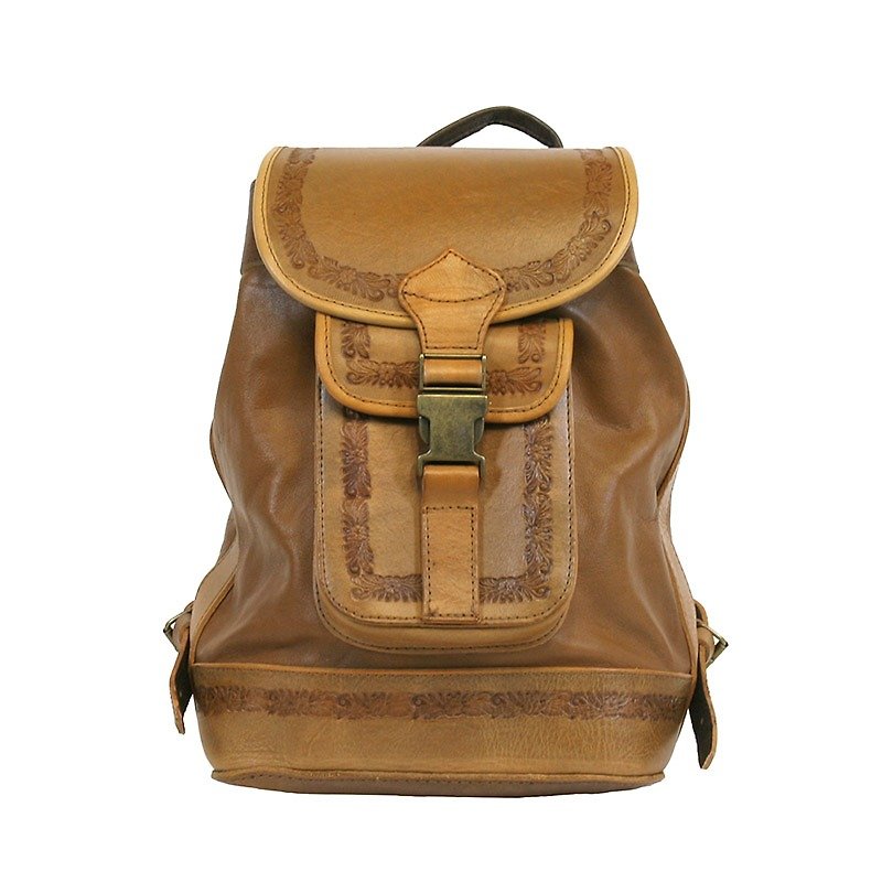 After Mya embossed leather backpack caramel - กระเป๋าเป้สะพายหลัง - หนังแท้ สีทอง