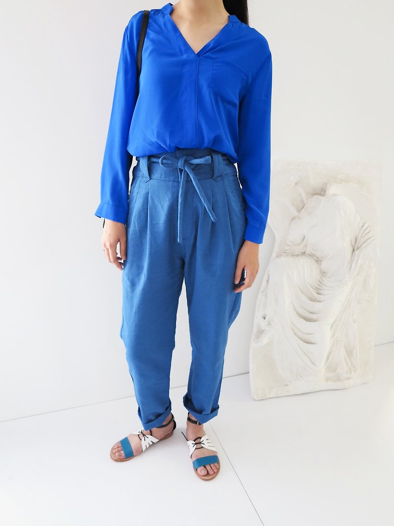 Martius blue linen pleated trousers with tie - Women's Pants - Paper 