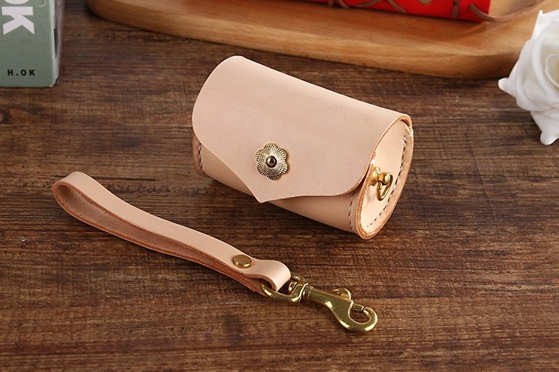 [Cutting line] Hand-stitched leather cute bucket coin purse original color - Coin Purses - Other Materials White